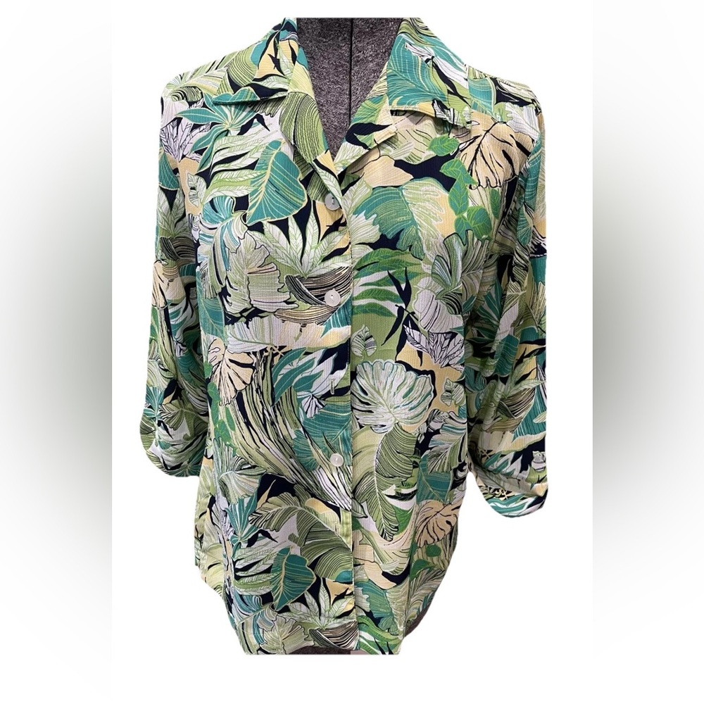 Nikki 90s VTG Hawaiian print green leaves ladies size 10 3/4 sleeve polyester